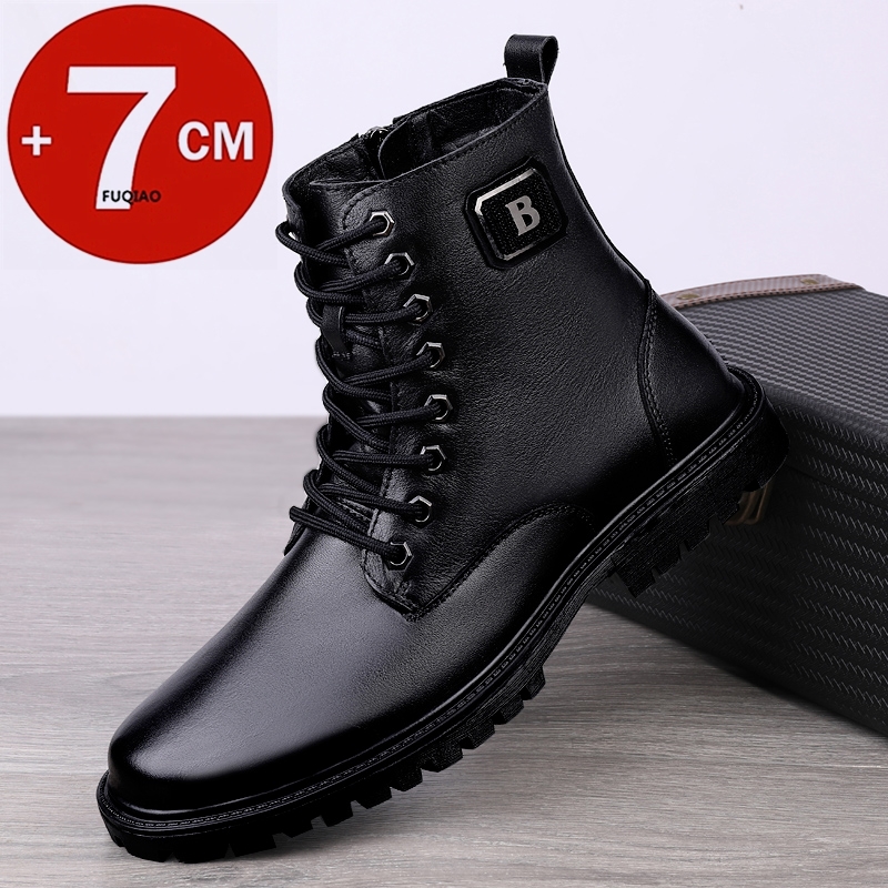 Men'S Shoes With Height Increase - รองเท้าบูทหนังแท้ผู้ชาย บุขนอุ่นสำหรับฤดูหนาว แบบซิปขึ้นข้อเท้า เพิ่มความสูงแบบซ่อน 7 ซม.