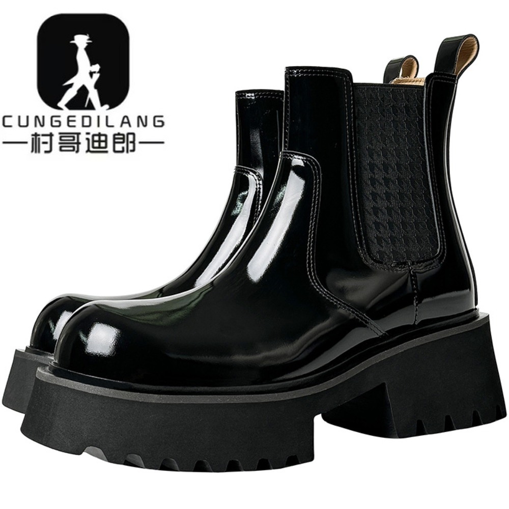 Men'S Shoes With Height Increase - รองเท้าบูทเชลซีผู้ชายสำหรับฤดูหนาว ส้นสูงแบบซ่อน รองเท้าบูทส้นสูงผู้ชาย รองเท้าบูทหนังแก้วพื้นหนา รองเท้าเสริมส้น