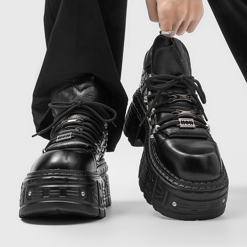 Men'S Shoes With Height Increase - รองเท้าบูทสไตล์โกธิคพังก์แบบใหม่สำหรับผู้ชาย แฟชั่นหนังสีดำ พื้นหนา เพิ่มความสูง แบบผูกเชือก สไตล์มอเตอร์ไซค์