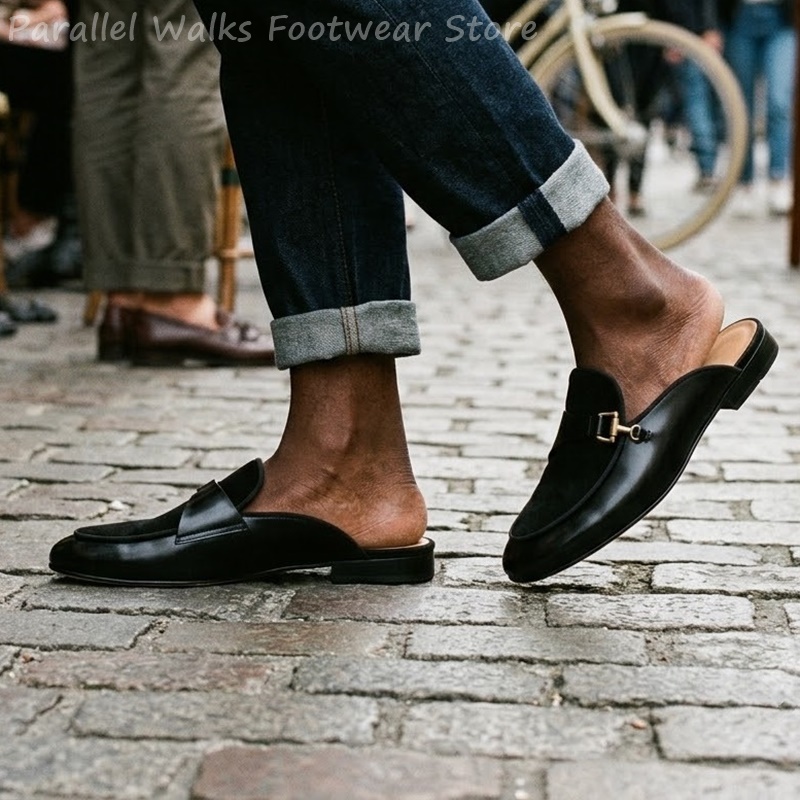 Men'S Shoes Smart - รองเท้าสวมแบบลำลองสำหรับผู้ชาย หนังกลับเคลือบเงา แบบสวมไม่มีส้น หัวโลฟเฟอร์ สายรัดโลหะ รองเท้าขับรถ