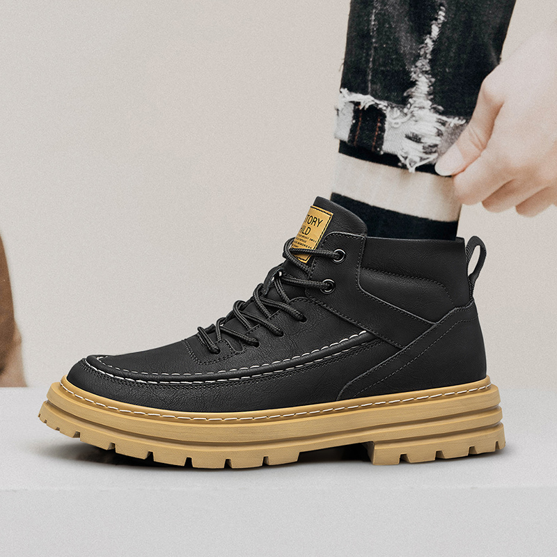 Men'S Shoes Water Resistant - รองเท้าเพิ่มความสูงสำหรับผู้ชาย พื้นหนา ทนทาน ดีไซน์หุ้มข้อกลาง ทำจากวัสดุหนัง กันน้ำ