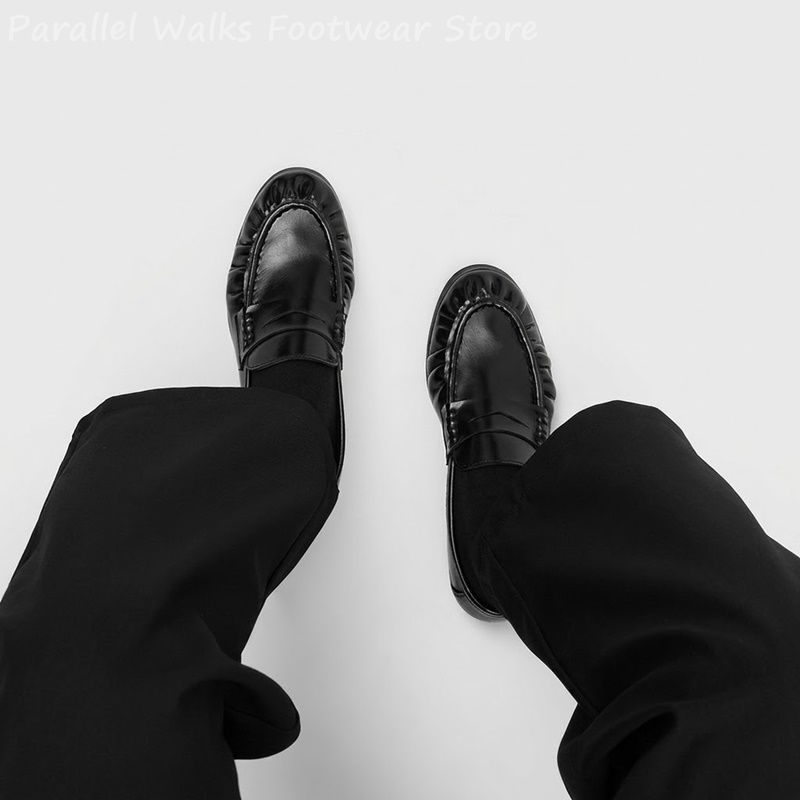 Men'S Shoes Smart - รองเท้าโลฟเฟอร์แบบสวม หัวจีบสไตล์เรโทรสำหรับผู้ชาย รองเท้าเดรสส้นเตี้ยทรงบล็อกคลาสสิก รองเท้าโมคคาซินนุ่มสบาย รองเท้าทางการสำหรับใส่ในชีวิตประจำวัน