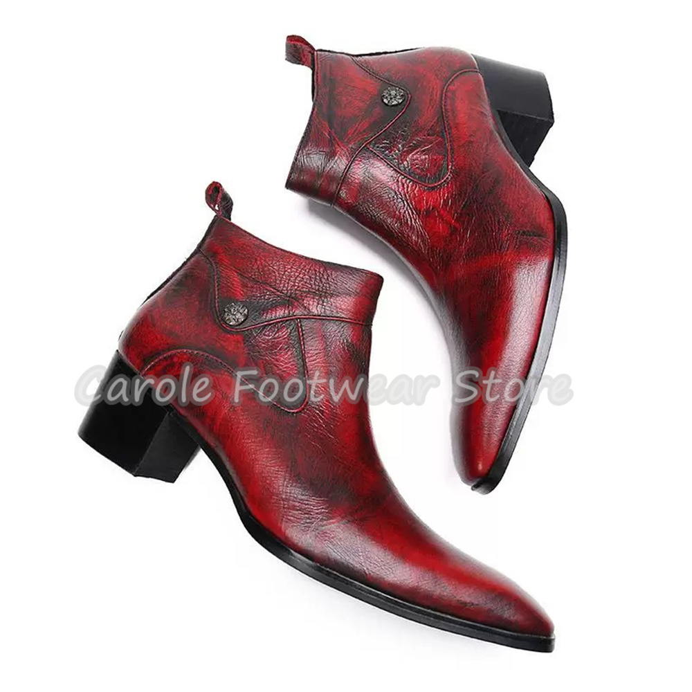 Men'S Shoes With Height Increase - รองเท้าบูทข้อสั้นหนังแท้ทรงวินเทจหัวเหลี่ยมสำหรับผู้ชาย ส้นหนาทรงเชลซี พร้อมซิปด้านข้าง เพิ่มความสูง